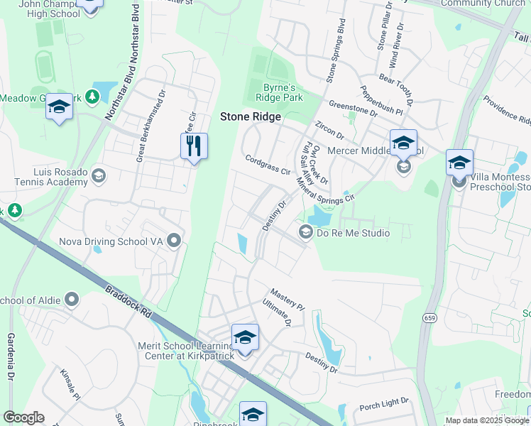 map of restaurants, bars, coffee shops, grocery stores, and more near 25119 Silurian Terrace in Aldie