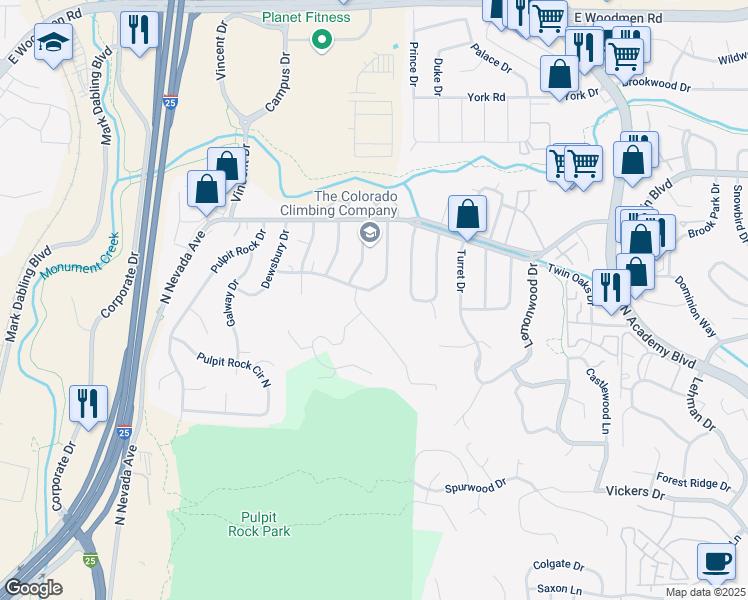 map of restaurants, bars, coffee shops, grocery stores, and more near 1215 Brittany Circle in Colorado Springs