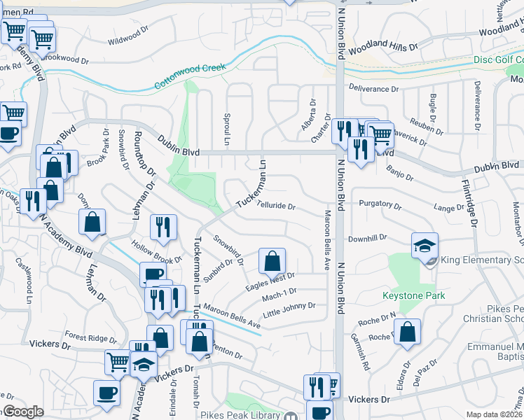 map of restaurants, bars, coffee shops, grocery stores, and more near 2640 Telluride Drive in Colorado Springs