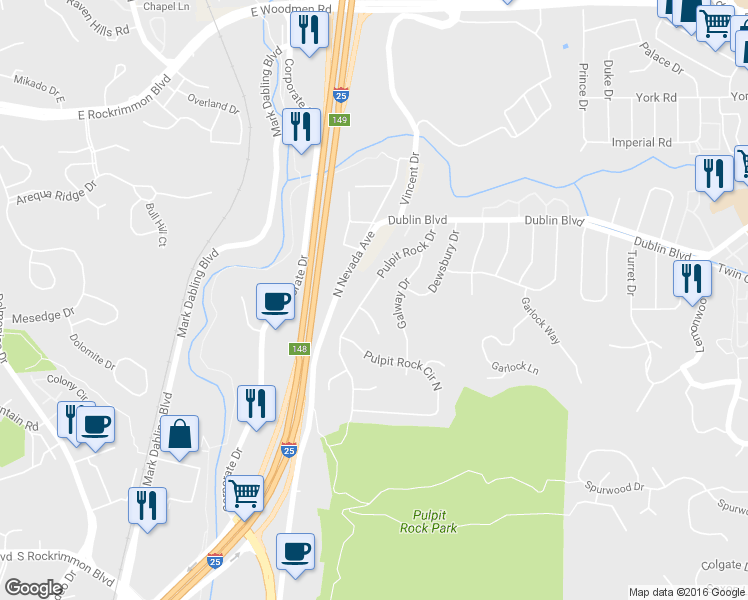 map of restaurants, bars, coffee shops, grocery stores, and more near 6393 Pulpit Rock Drive in Colorado Springs