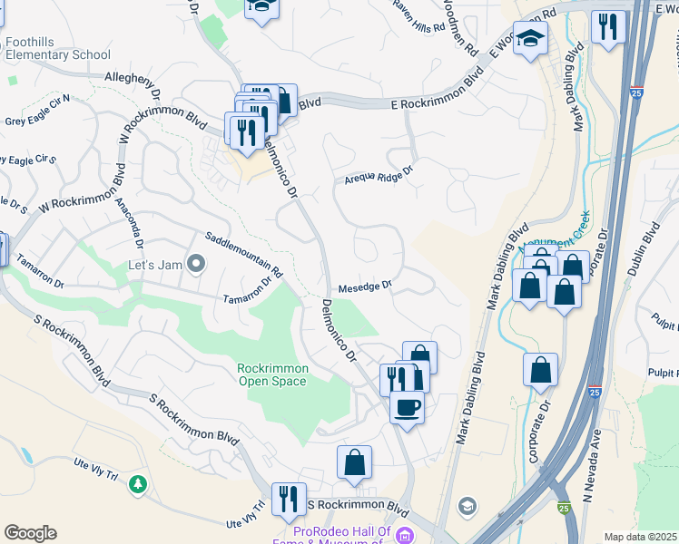 map of restaurants, bars, coffee shops, grocery stores, and more near 6365 Delmonico Drive in Colorado Springs