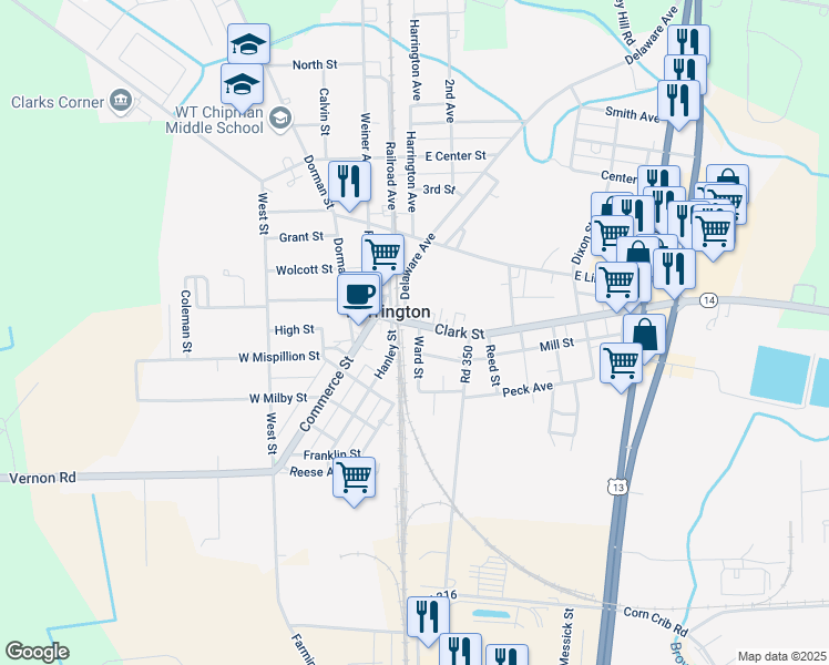 map of restaurants, bars, coffee shops, grocery stores, and more near 14 Clark Street in Harrington