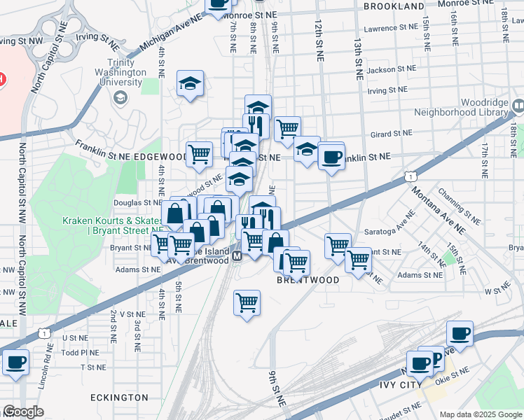 map of restaurants, bars, coffee shops, grocery stores, and more near 705 Edgewood Street Northeast in Washington