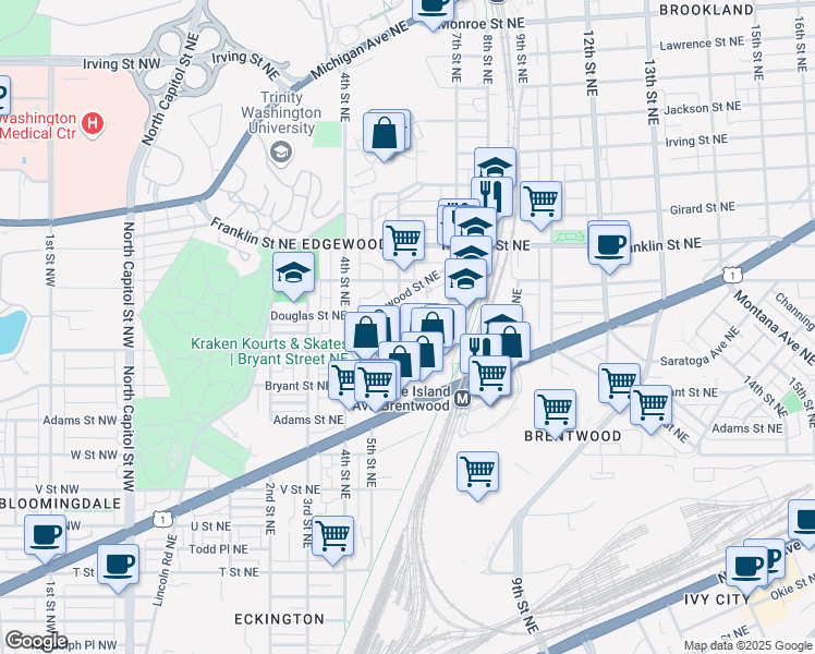 map of restaurants, bars, coffee shops, grocery stores, and more near 611 Edgewood Street Northeast in Washington