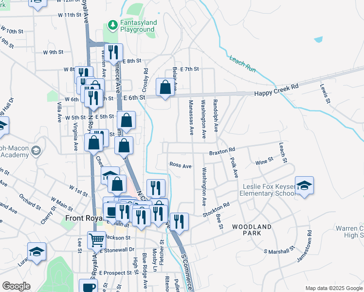 map of restaurants, bars, coffee shops, grocery stores, and more near 509 Happy Creek Road in Front Royal
