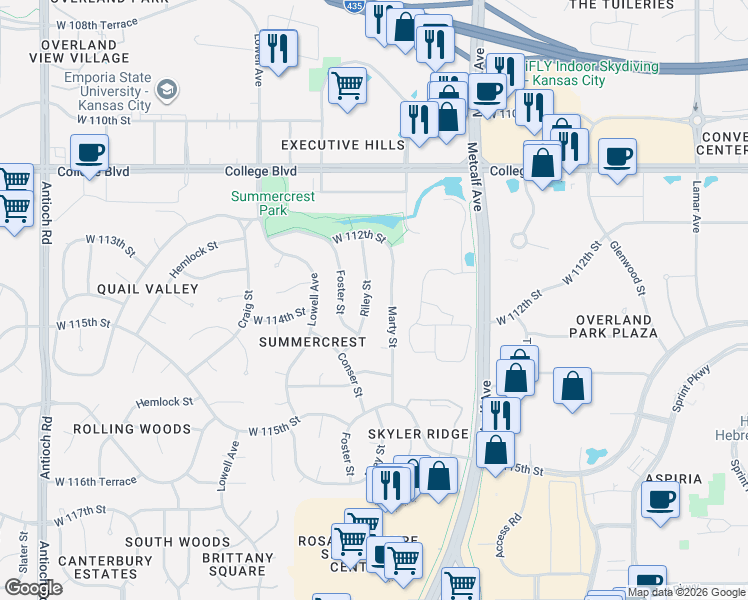 map of restaurants, bars, coffee shops, grocery stores, and more near 11312 Riley Street in Overland Park