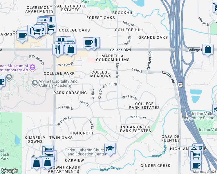 map of restaurants, bars, coffee shops, grocery stores, and more near 11204 West 114th Street in Overland Park