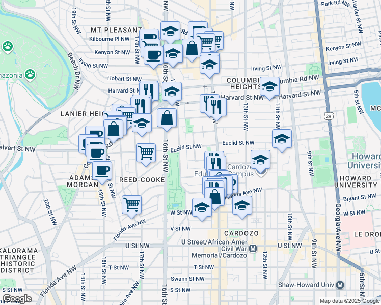 map of restaurants, bars, coffee shops, grocery stores, and more near 2566 University Place Northwest in Washington