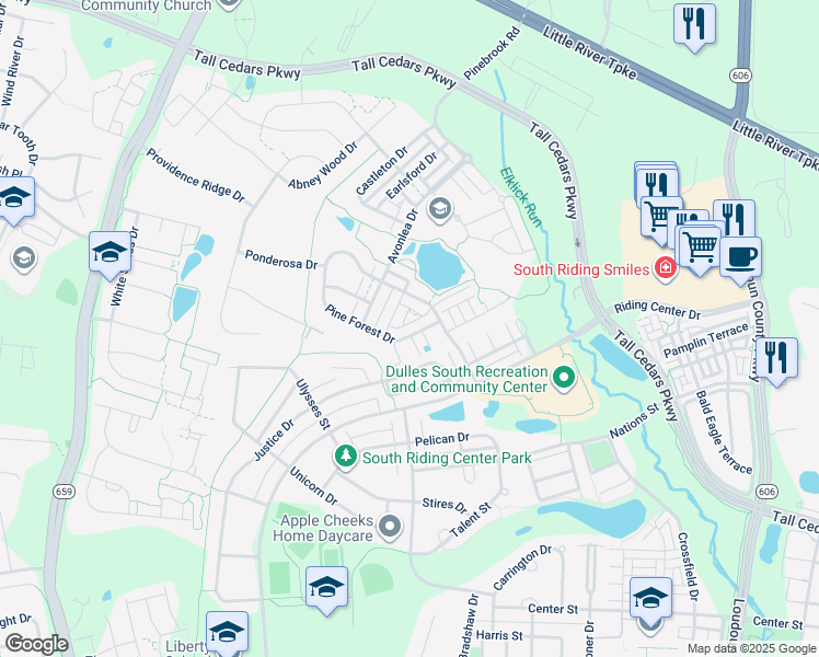 map of restaurants, bars, coffee shops, grocery stores, and more near 42365 Pine Forest Drive in Chantilly