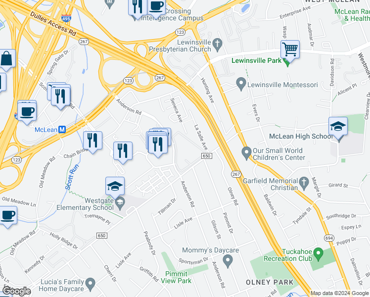 map of restaurants, bars, coffee shops, grocery stores, and more near 1674 Westwind Way in McLean