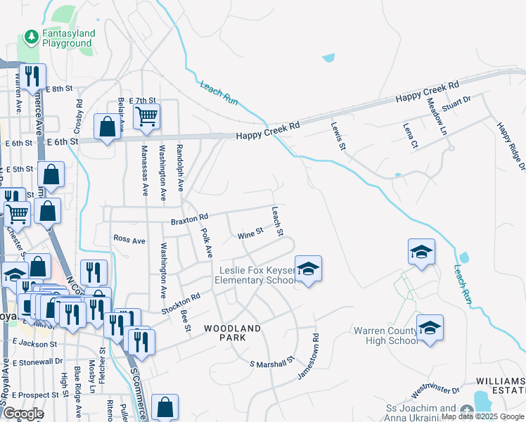 map of restaurants, bars, coffee shops, grocery stores, and more near 1049 Braxton Road in Front Royal