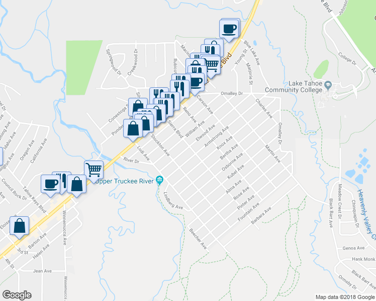 map of restaurants, bars, coffee shops, grocery stores, and more near 2544 Elwood Avenue in South Lake Tahoe