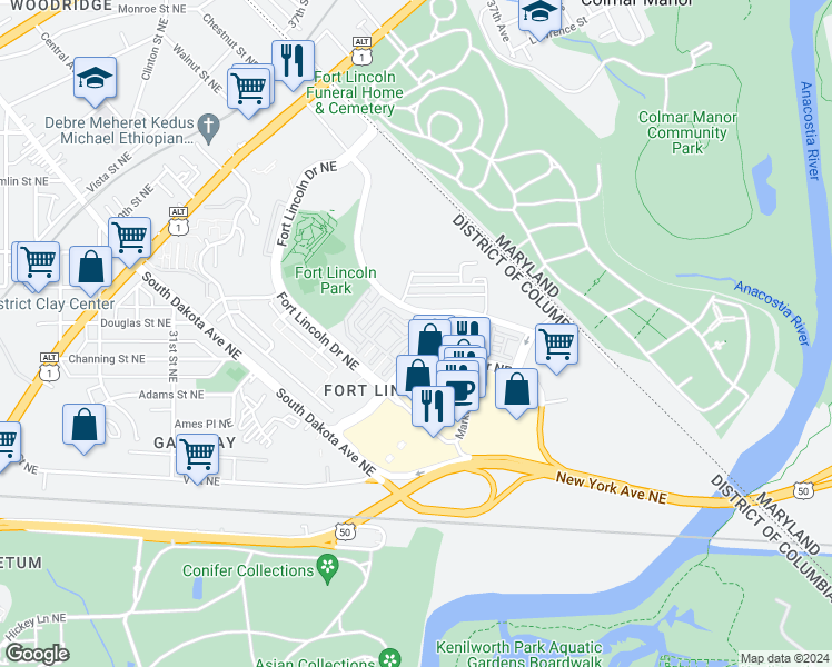 map of restaurants, bars, coffee shops, grocery stores, and more near 3701 Hansberry Court Northeast in Washington