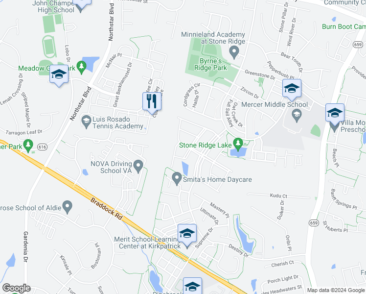 map of restaurants, bars, coffee shops, grocery stores, and more near 25107 Green Mountain Terrace in Aldie