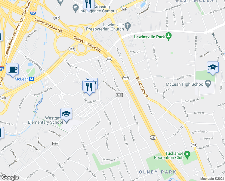 map of restaurants, bars, coffee shops, grocery stores, and more near 1698 Westwind Way in McLean
