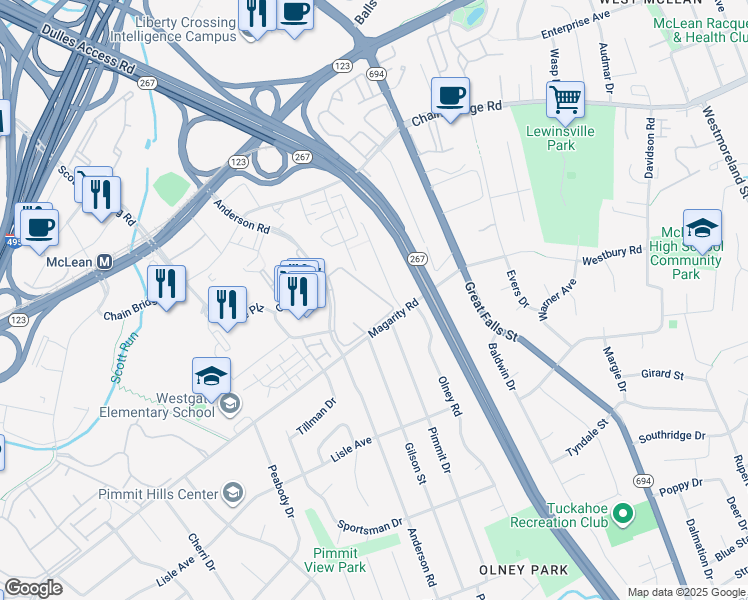 map of restaurants, bars, coffee shops, grocery stores, and more near 1698 Westwind Way in McLean