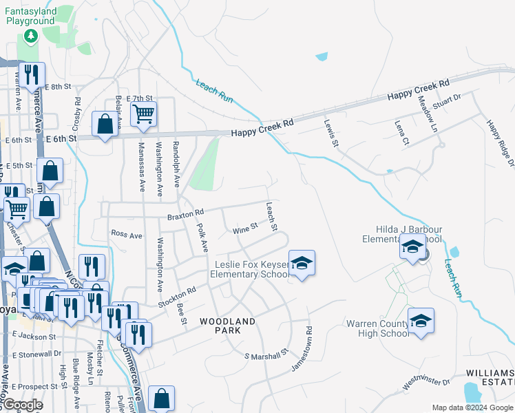 map of restaurants, bars, coffee shops, grocery stores, and more near 1049 Braxton Road in Front Royal