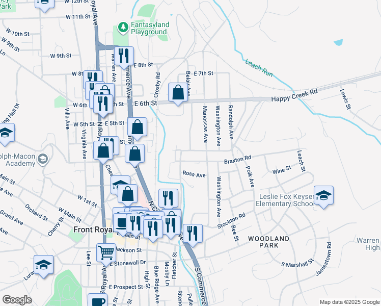 map of restaurants, bars, coffee shops, grocery stores, and more near 427 Happy Creek Road in Front Royal