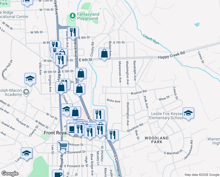 map of restaurants, bars, coffee shops, grocery stores, and more near 500 Happy Creek Road in Front Royal