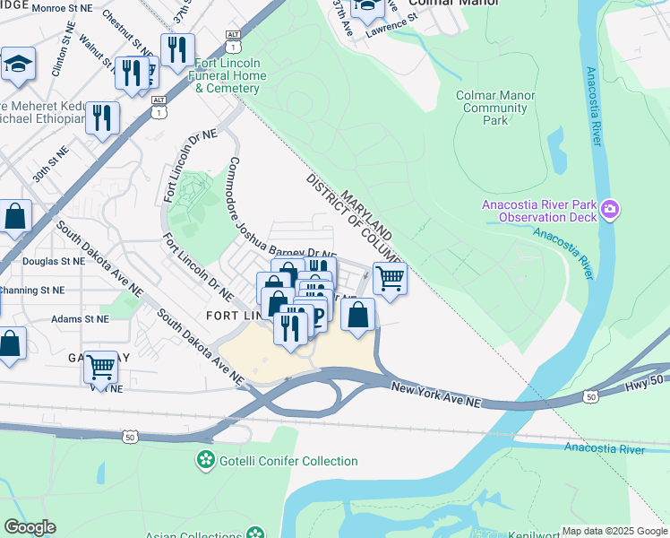 map of restaurants, bars, coffee shops, grocery stores, and more near 2525 Hurston Lane NE in Washington