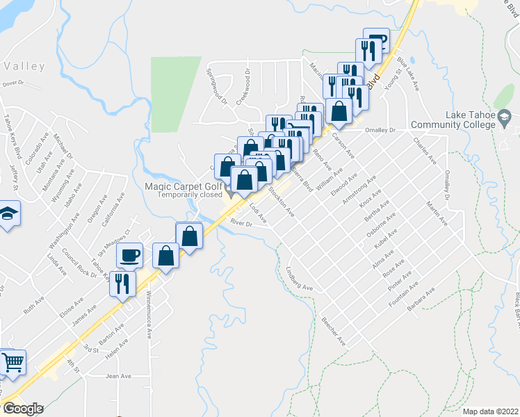 map of restaurants, bars, coffee shops, grocery stores, and more near 1025 Lodi Avenue in South Lake Tahoe