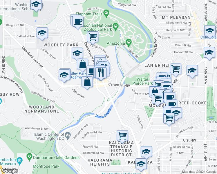 map of restaurants, bars, coffee shops, grocery stores, and more near 2519 Connecticut Avenue Northwest in Washington
