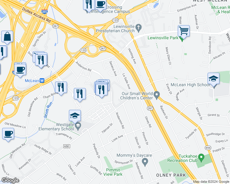 map of restaurants, bars, coffee shops, grocery stores, and more near 1693 Westwind Way in McLean