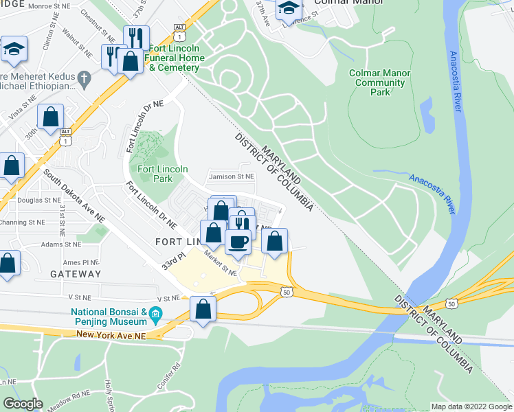 map of restaurants, bars, coffee shops, grocery stores, and more near 2525 Hurston Lane NE in Washington