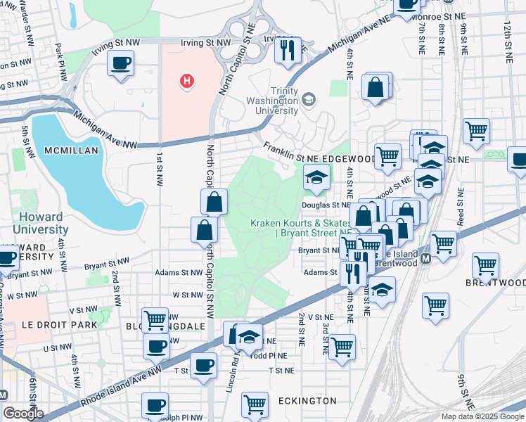 map of restaurants, bars, coffee shops, grocery stores, and more near 2219 Lincoln Road Northeast in Washington