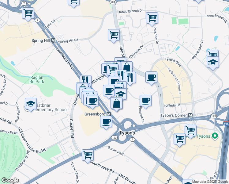 map of restaurants, bars, coffee shops, grocery stores, and more near 8350 Broad Street in McLean