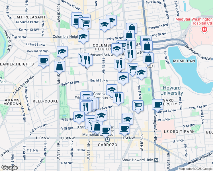 map of restaurants, bars, coffee shops, grocery stores, and more near 2523 13th Street Northwest in Washington