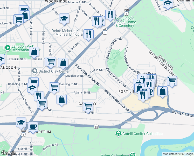 map of restaurants, bars, coffee shops, grocery stores, and more near 3214 Theodore R Hagans Drive Northeast in Washington