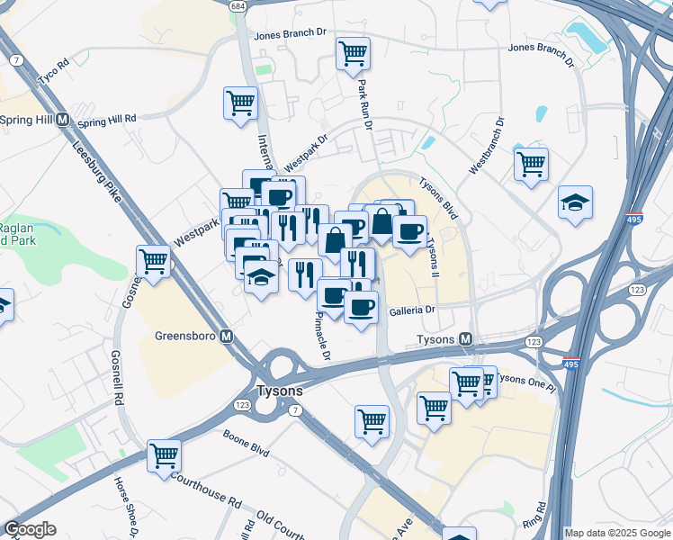map of restaurants, bars, coffee shops, grocery stores, and more near 8200 Greensboro Drive in McLean