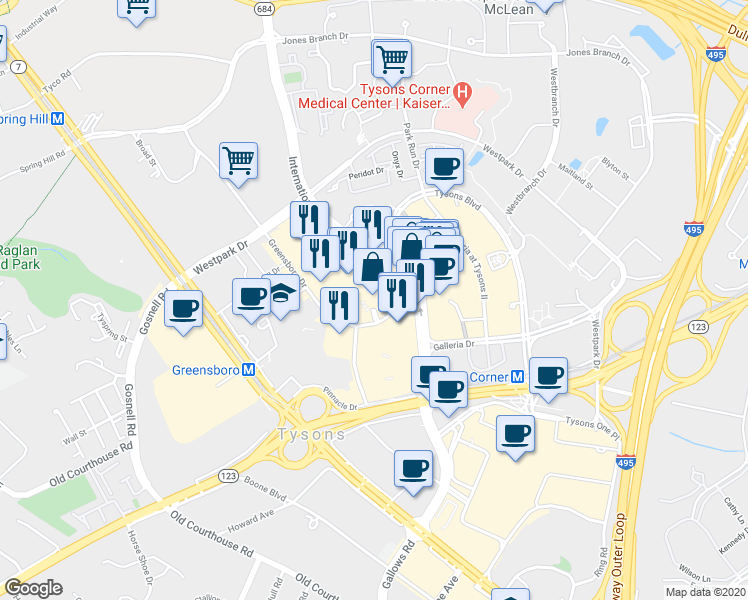 map of restaurants, bars, coffee shops, grocery stores, and more near 8200 Greensboro Drive in McLean