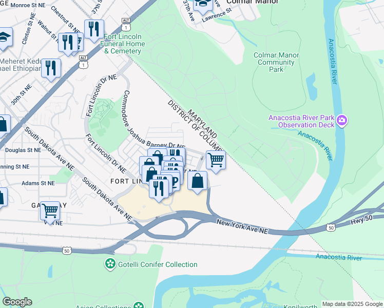 map of restaurants, bars, coffee shops, grocery stores, and more near 3813 Commodore Joshua Barney Drive Northeast in Washington
