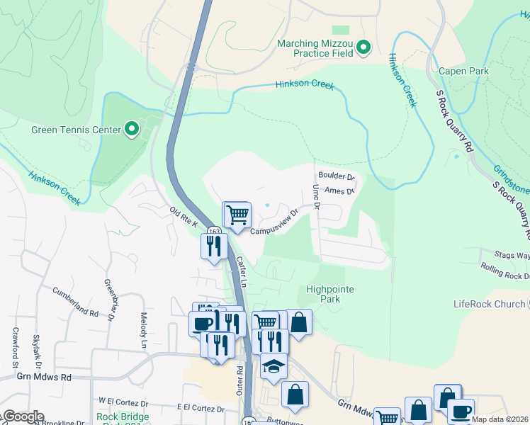 map of restaurants, bars, coffee shops, grocery stores, and more near 2502 Boulder Springs Court in Columbia