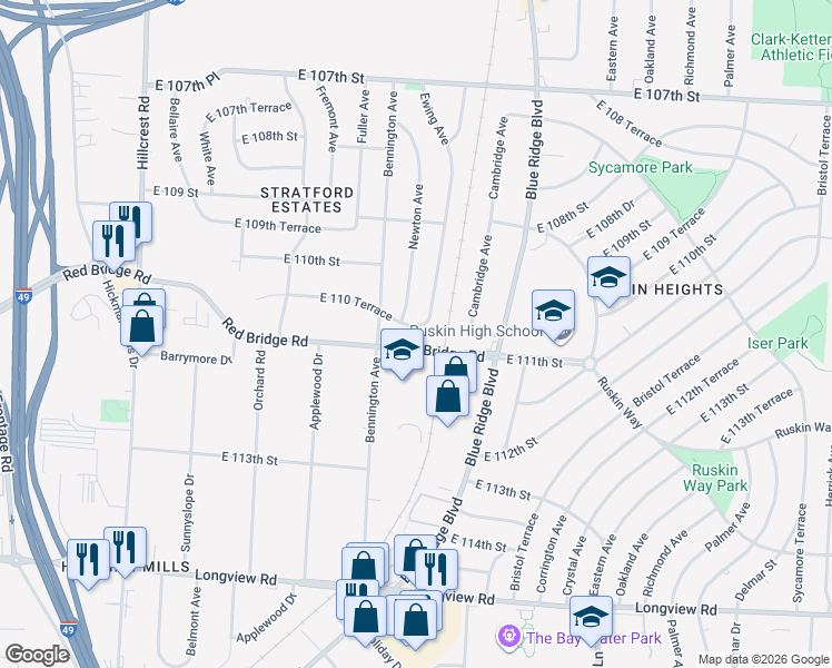 map of restaurants, bars, coffee shops, grocery stores, and more near 11011 Ewing Avenue in Kansas City