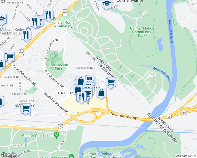 map of restaurants, bars, coffee shops, grocery stores, and more near 3813 Commodore Joshua Barney Drive Northeast in Washington