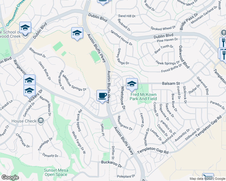 map of restaurants, bars, coffee shops, grocery stores, and more near 6416 Honey Grove in Colorado Springs