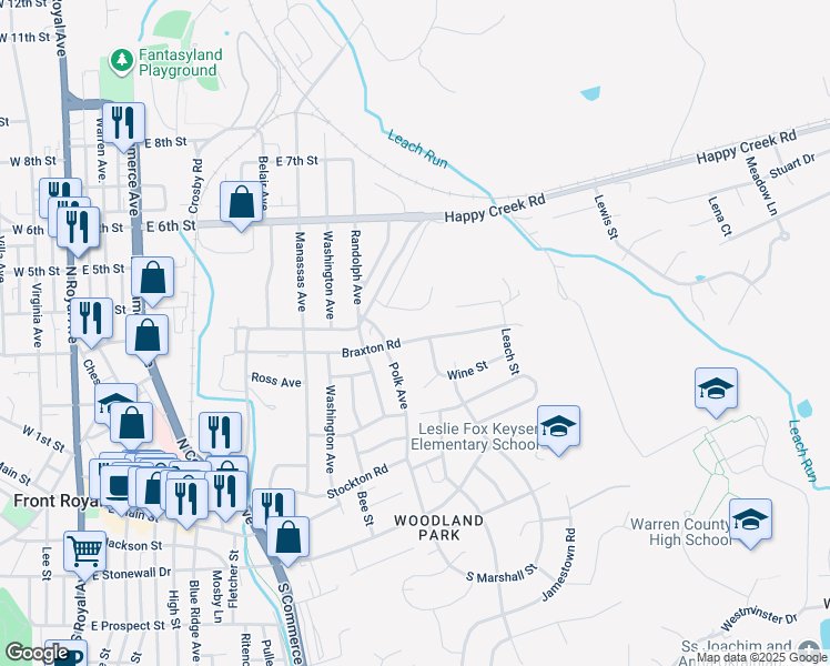 map of restaurants, bars, coffee shops, grocery stores, and more near 924 Braxton Road in Front Royal