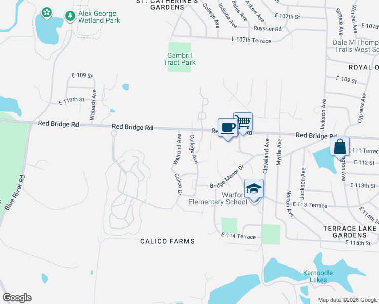 map of restaurants, bars, coffee shops, grocery stores, and more near 11109 College Avenue in Kansas City