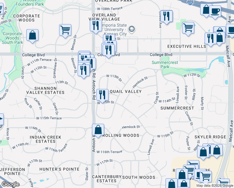 map of restaurants, bars, coffee shops, grocery stores, and more near 8409 West 113th Terrace in Overland Park