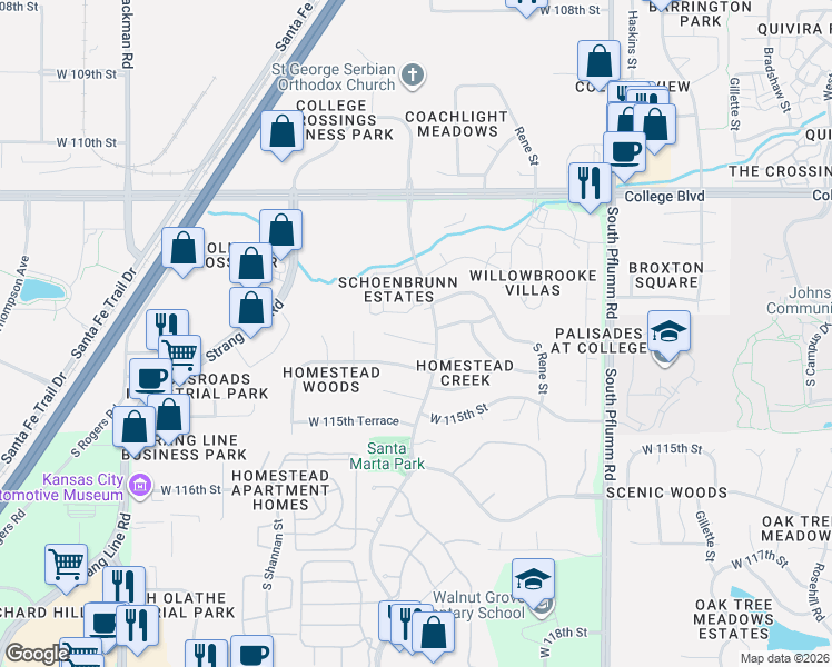 map of restaurants, bars, coffee shops, grocery stores, and more near 11316 South Greenwood Street in Lenexa