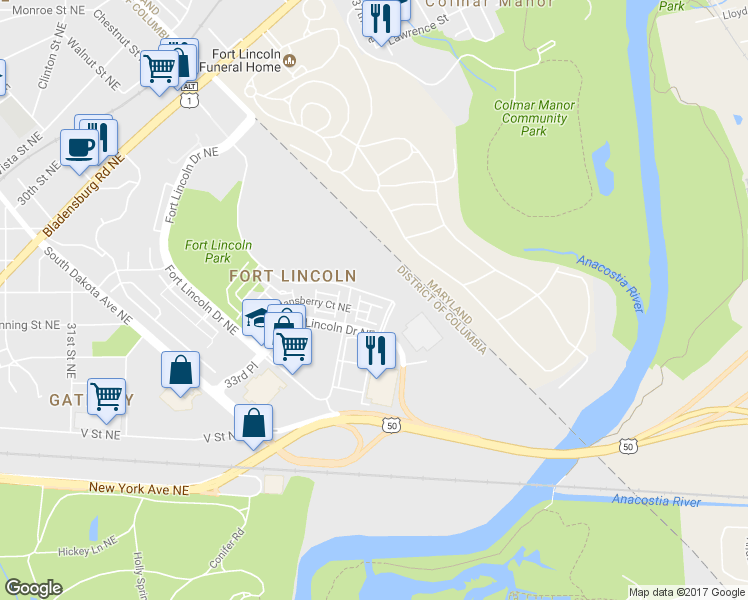 map of restaurants, bars, coffee shops, grocery stores, and more near 3819 Commodore Joshua Barney Drive Northeast in Washington