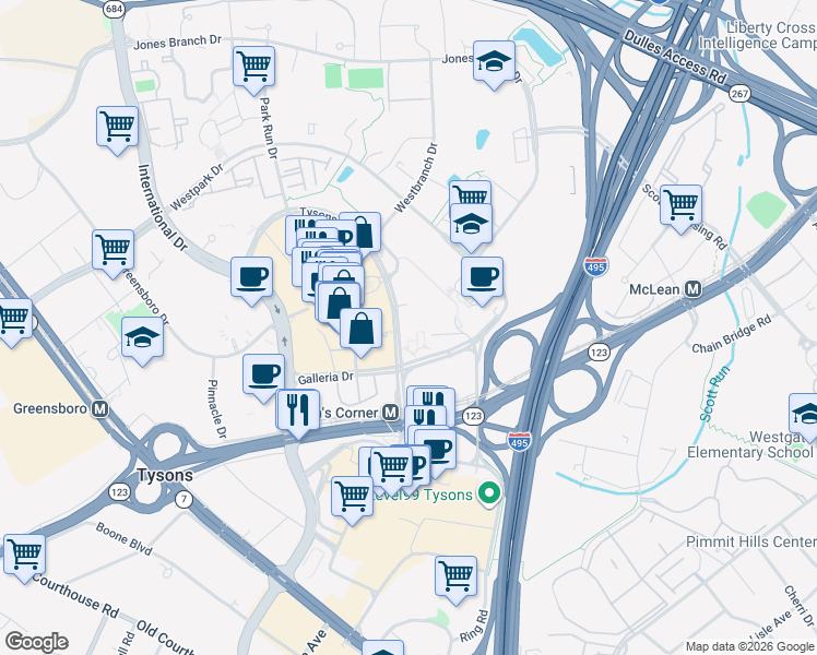 map of restaurants, bars, coffee shops, grocery stores, and more near 1775 Tysons Boulevard in McLean