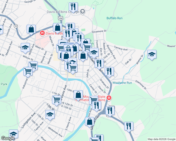 map of restaurants, bars, coffee shops, grocery stores, and more near John Street in Elkins