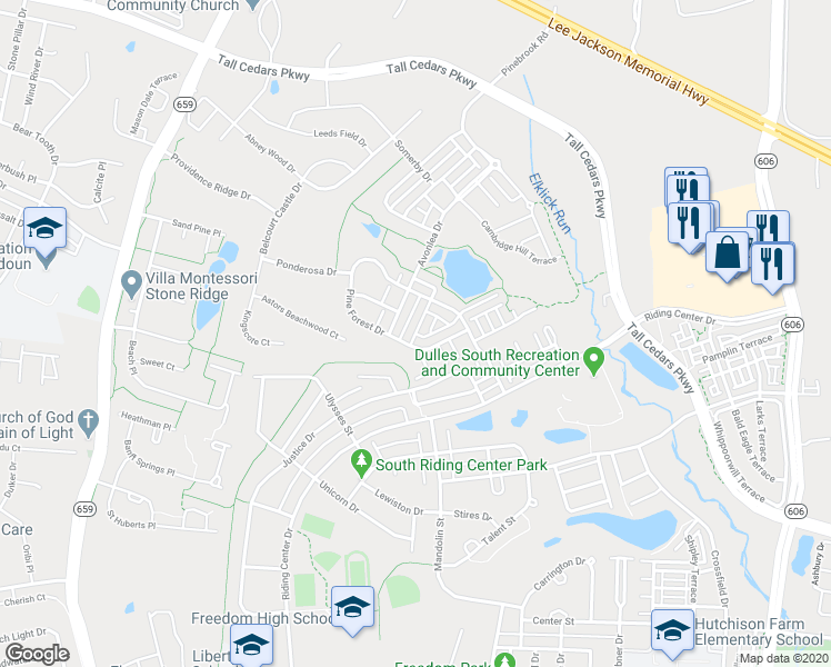 map of restaurants, bars, coffee shops, grocery stores, and more near Balcombe Terrace in Chantilly