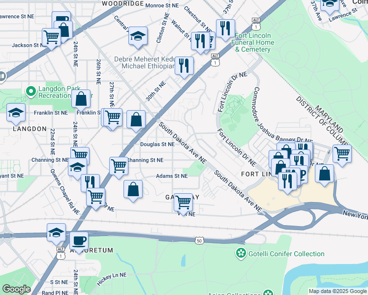 map of restaurants, bars, coffee shops, grocery stores, and more near 2428 South Dakota Avenue Northeast in Washington