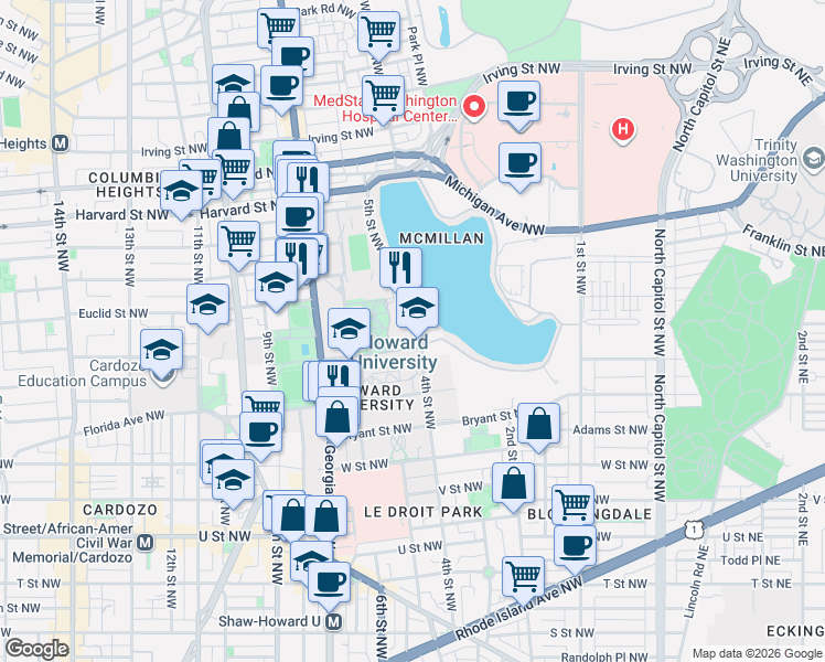 map of restaurants, bars, coffee shops, grocery stores, and more near 101 Independence Avenue Southeast in Washington