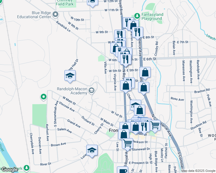 map of restaurants, bars, coffee shops, grocery stores, and more near 315 Villa Avenue in Front Royal